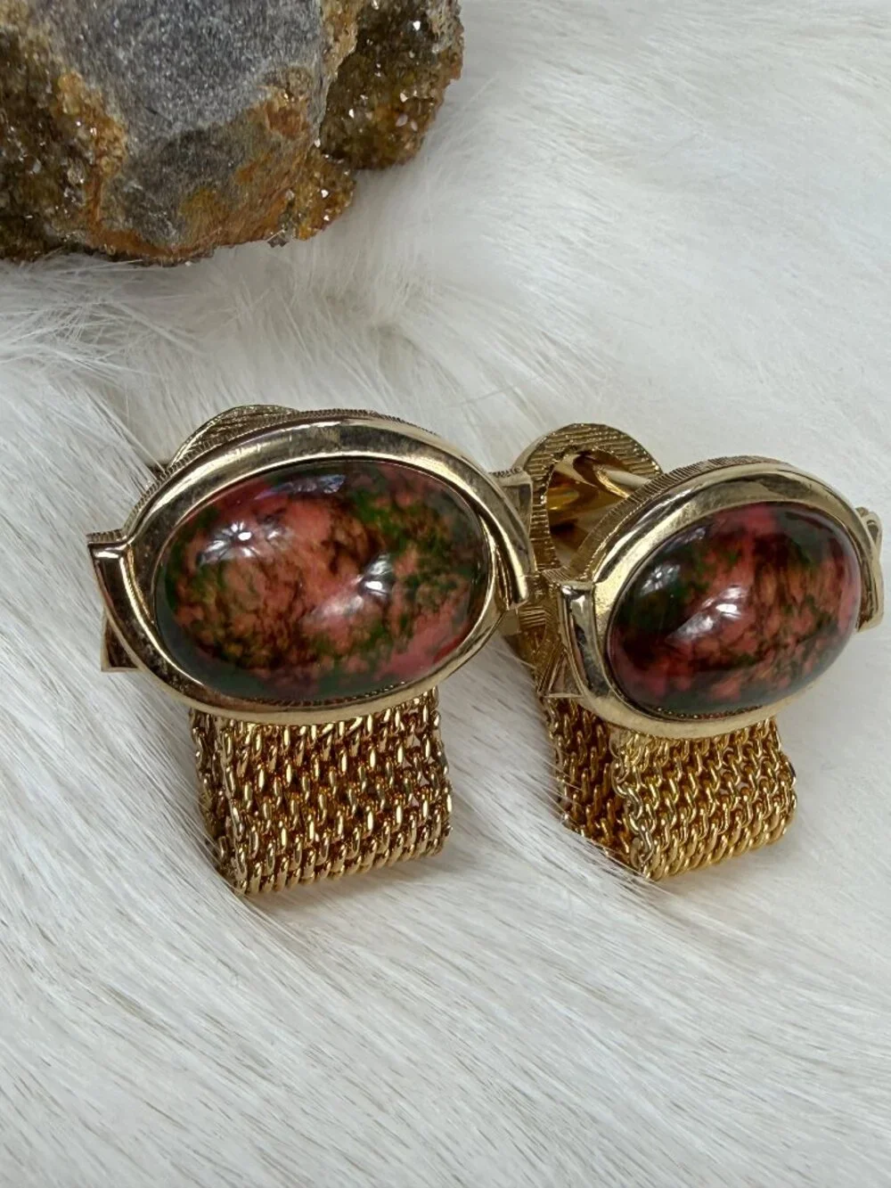 Vintage Unakite Stone Gold Tone Mesh Cuff Links Cufflinks MCM 1.25